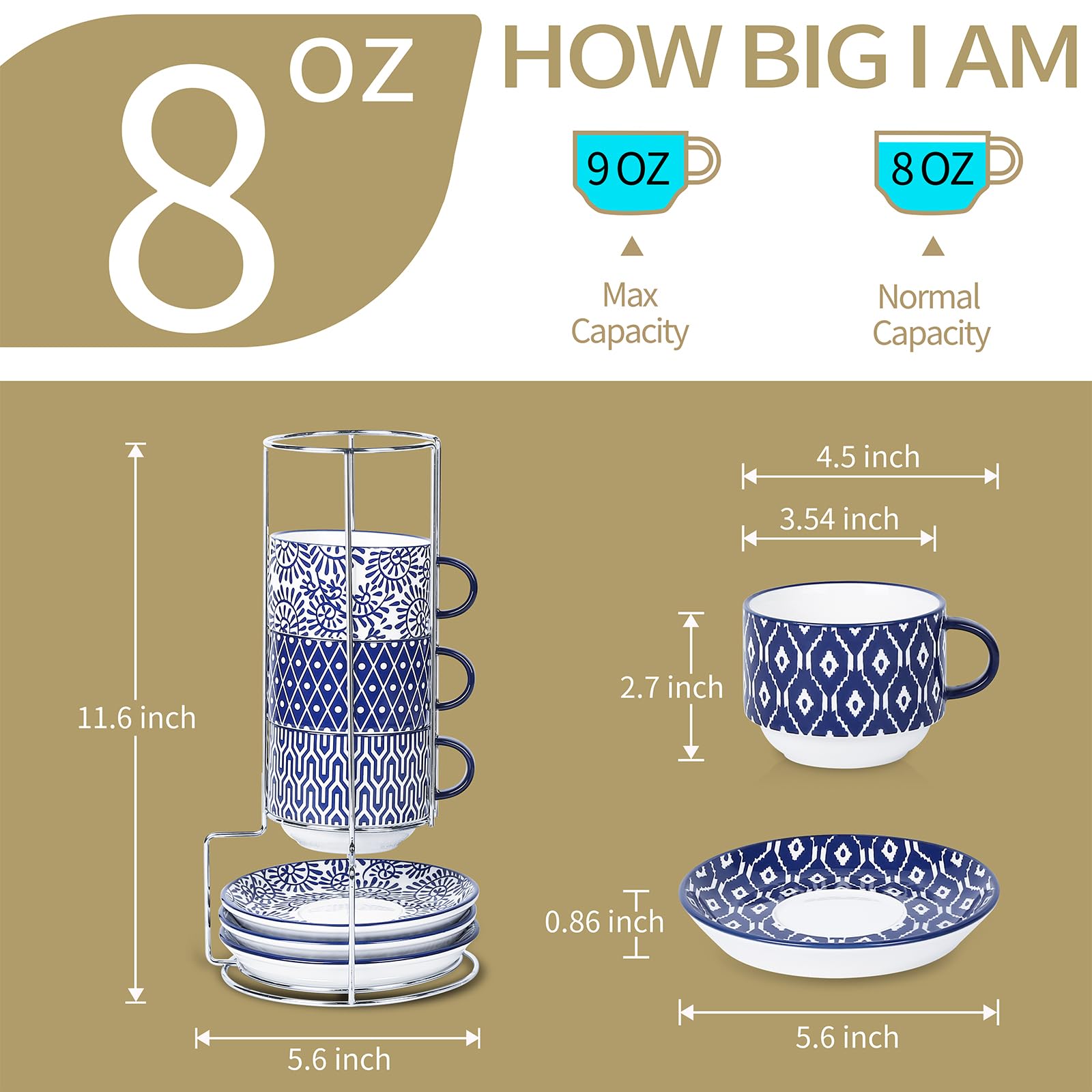 Selamica 8 oz Ceramic Cappuccino Cups with Saucers & Metal Stand - Stackable Espresso Coffee Mugs for Latte, Americano, Tea - Vintage Blue Coffee Cup Set of 4 - Perfect for Home, Cafe & Office Use