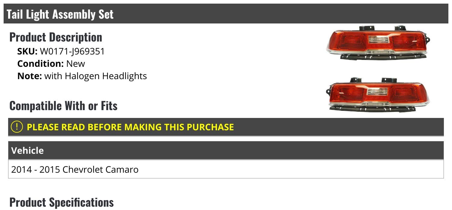 Chevy Camaro Tail Light Assembly (2014-2015) - Halogen Compatible Replacement Pair - Perfect for Night Driving & Car Restoration Projects