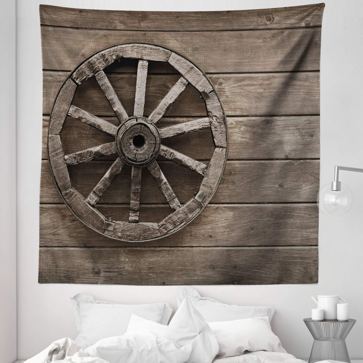 Ambesonne Vintage Barn Wood Wagon Wheel Tapestry - Queen Size 88
