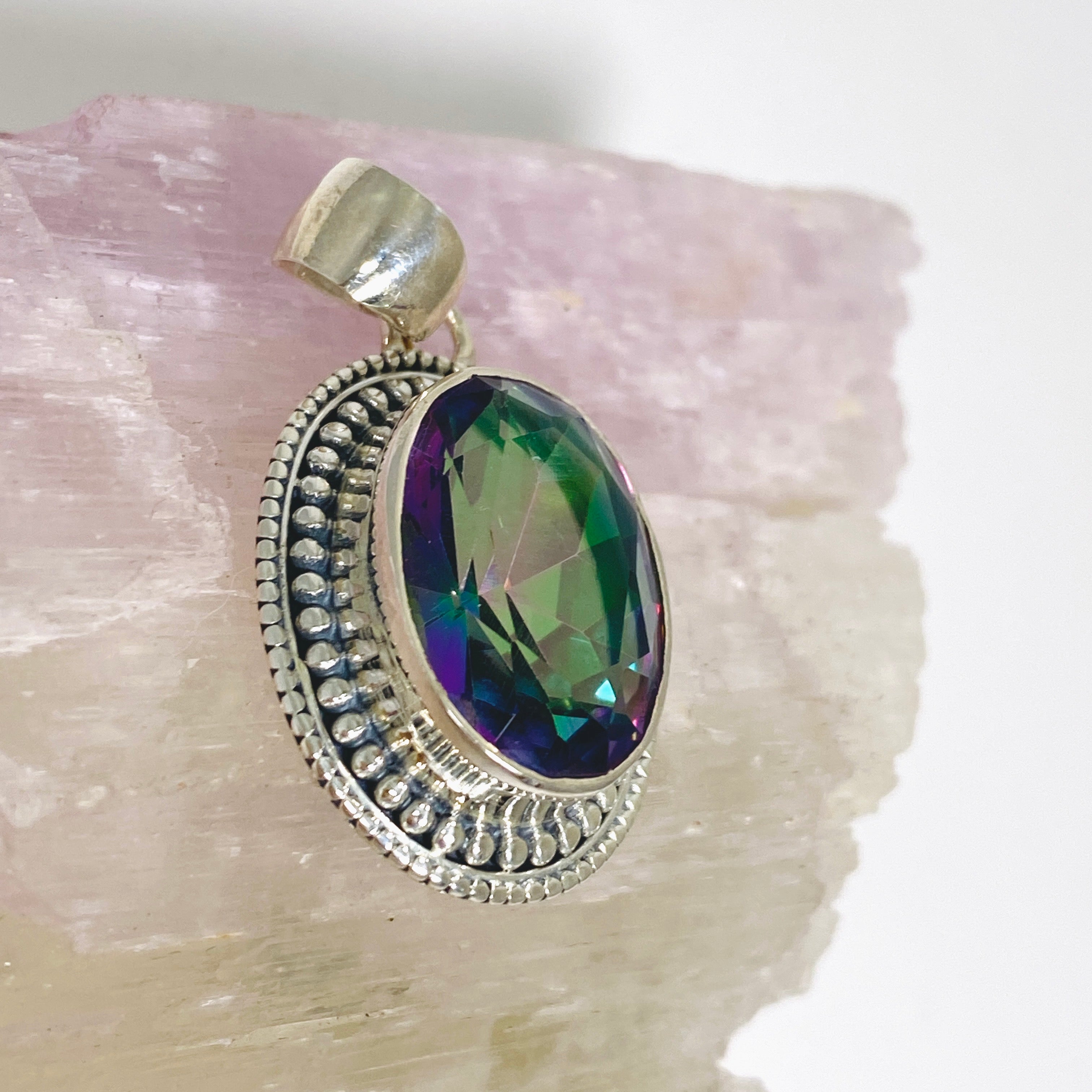Natural Mystic Topaz Oval Faceted Boho Pendant Necklace - 925 Sterling Silver Jewelry - Perfect for Boho Chic Outfits & Special Occasions