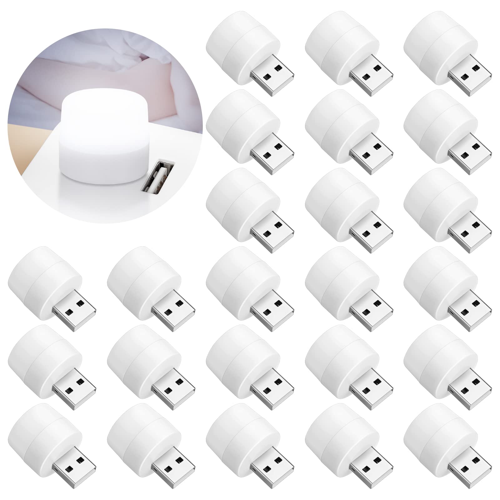 24-Pack Mini USB Night Lights - White Round LED Plug-in Nightlight for Kids Bedroom, Nursery, Hallway & Kitchen | Portable Atmosphere Lighting for Dorm, Home & Office Use