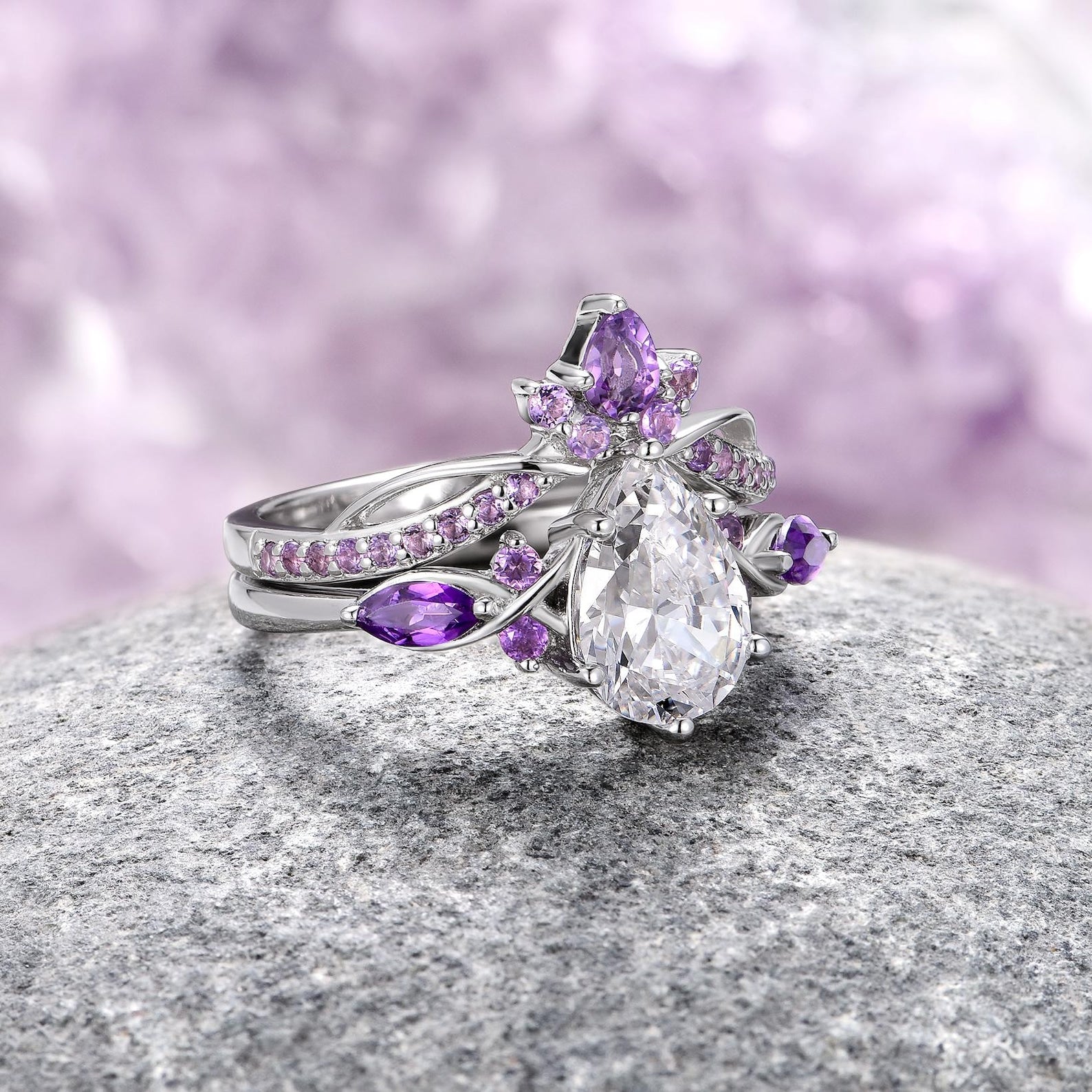 Feyre Amethyst & Diamond (CZ) Leaf Couples Ring - Matching Wedding Bands, Anniversary Gift for Her & Him, Romantic Jewelry for Couples