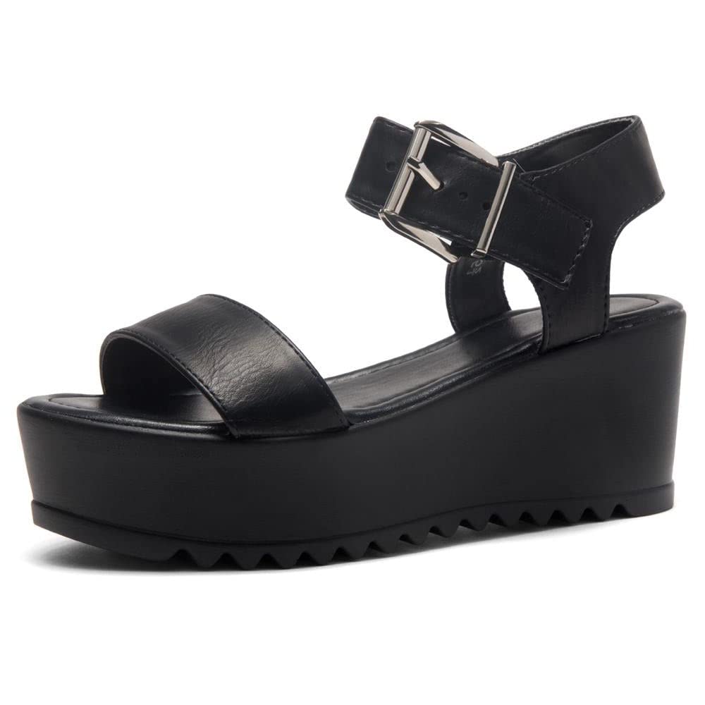 Herstyle Carita Women's Platform Sandals - Open Toe Ankle Strap Wedge Sandals with Chunky Lug Sole | Comfortable & Lightweight Summer Shoes for Casual Outfits, Beach Vacations & Date Nights (Black/White)