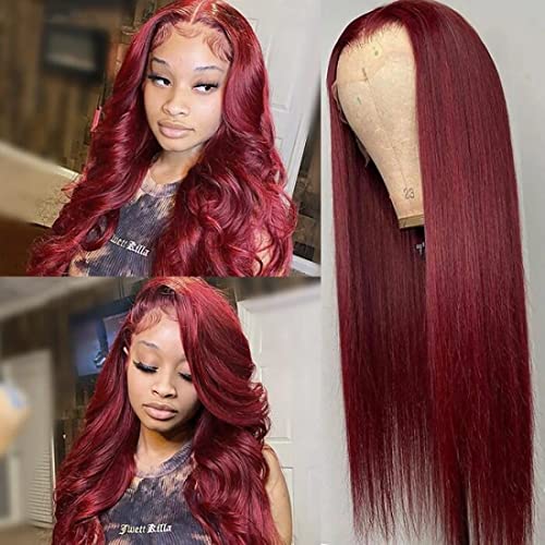 UNICE 16 Inch Burgundy Straight 13x4 Lace Front Human Hair Wig for Women - Brazilian Remy Hair with Pre-Plucked Hairline & Baby Hair (99J Color) | Perfect for Daily Wear, Cosplay, Parties & Special Occasions