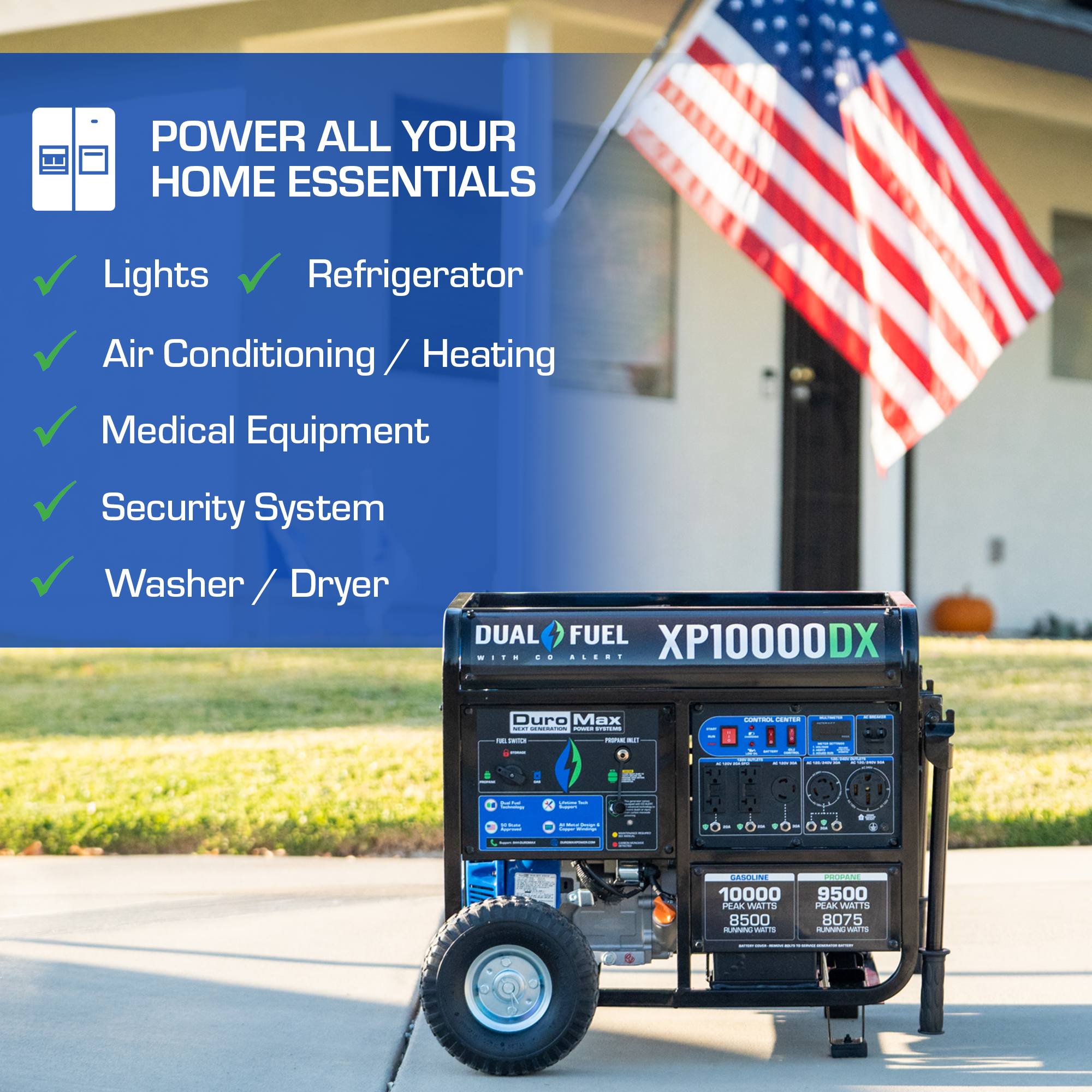 10,000 Watt Dual Fuel Portable Generator with CO Alert - Reliable Backup Power for Home, Camping & Emergency Use