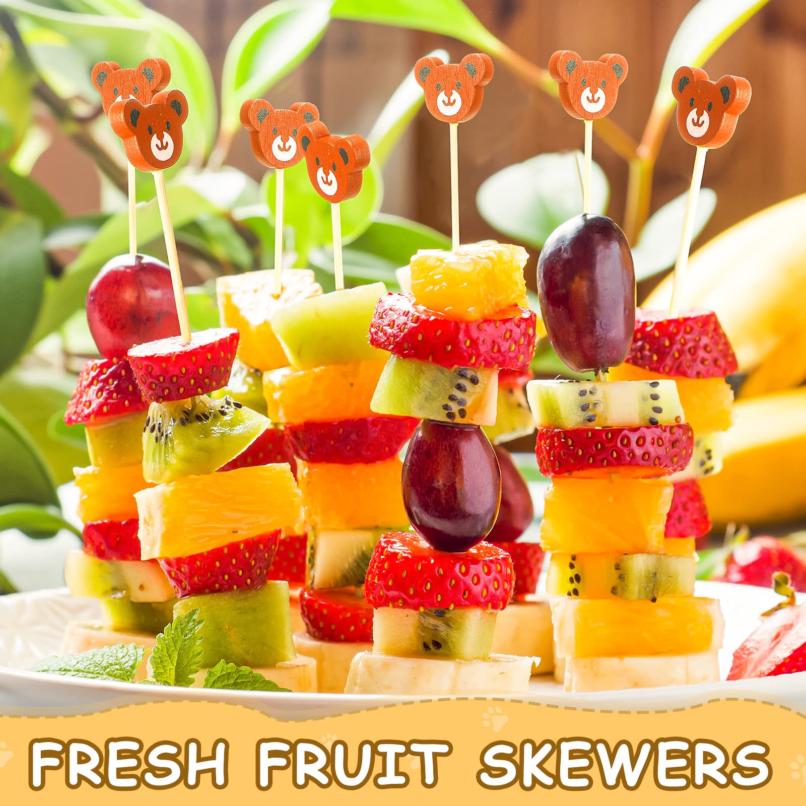 Meanplan 100 Pcs Bear Face Cocktail Picks - Bamboo Skewers for Appetizers, Fruits & Desserts - Cute Food Toothpicks for Baby Shower, Birthday, Wedding & Party Supplies - Perfect for Cocktails, Charcuterie Boards & Holiday Entertaining