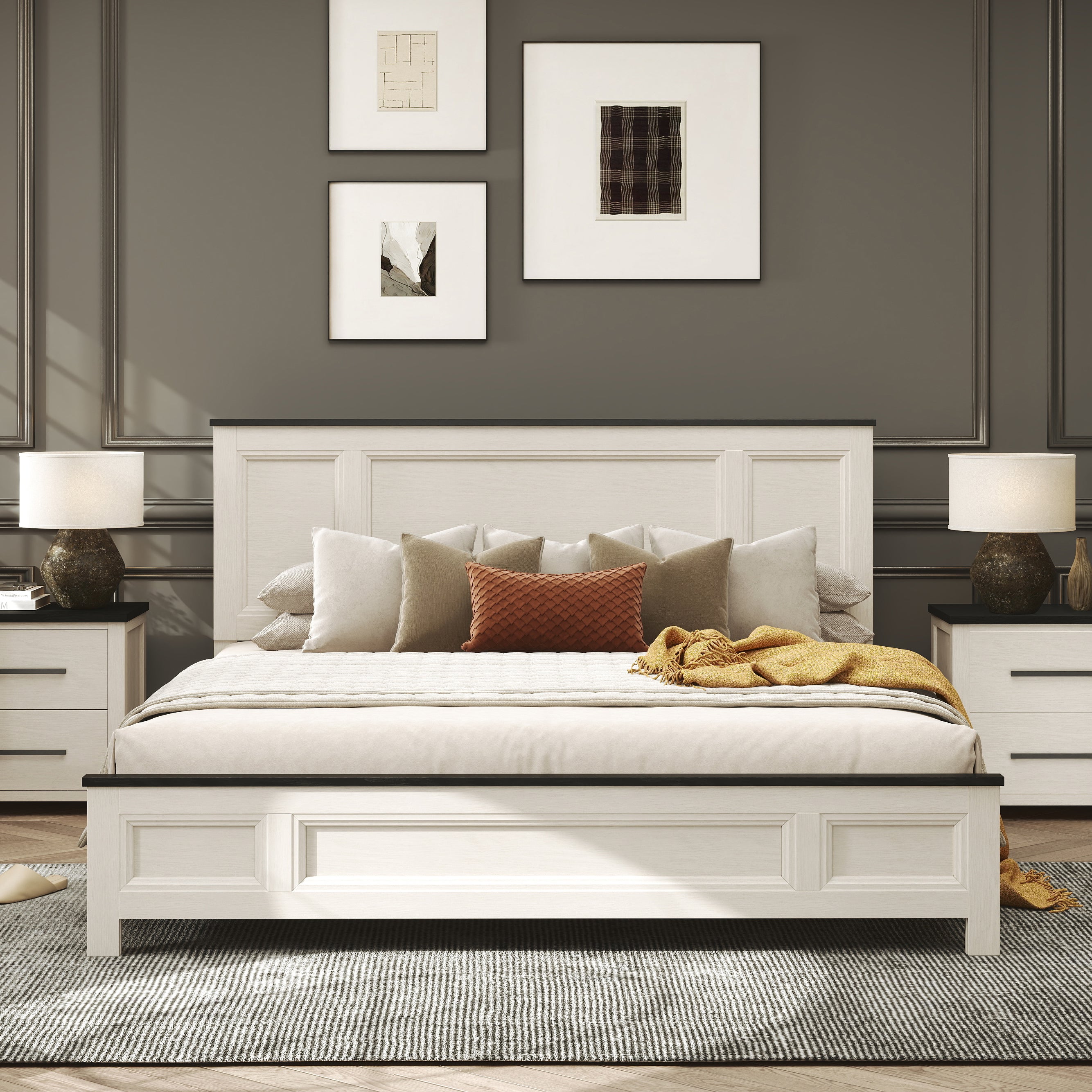 Roundhill Furniture Realynn Panel Bed - Queen Size Off White Finish for Modern Bedroom Decor | Stylish and Durable Bed Frame for Home & Guest Room