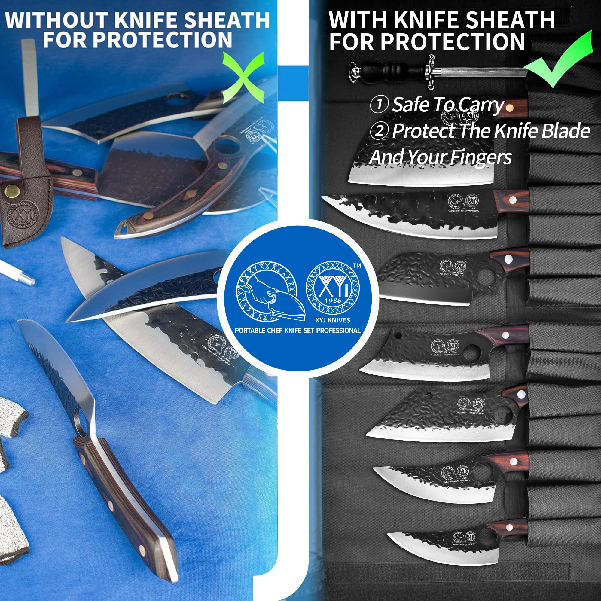 XYJ 7-Piece Premium Camping Knife Set with Roll Bag, Sheath & Sharpener - Full Tang Chef, Boning & Butcher Knives for Outdoor Cooking & Survival - Perfect for Camping, Hunting & BBQ Prep
