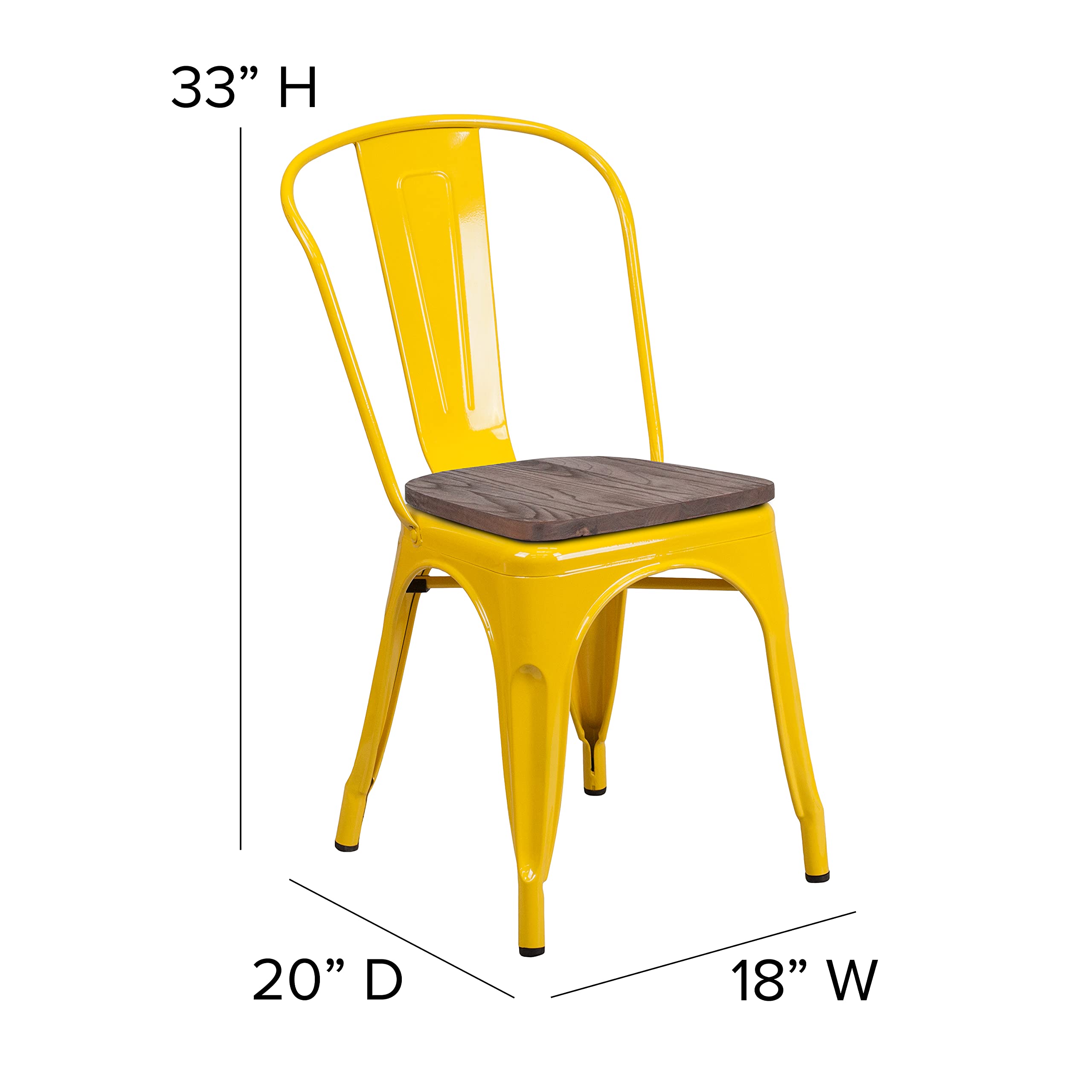 Merrick Lane Amsterdam Metal Dining Chair - Yellow Textured Wooden Seat & Slatted Curved Back - Modern Kitchen & Dining Room Chair for Home & Restaurant Use