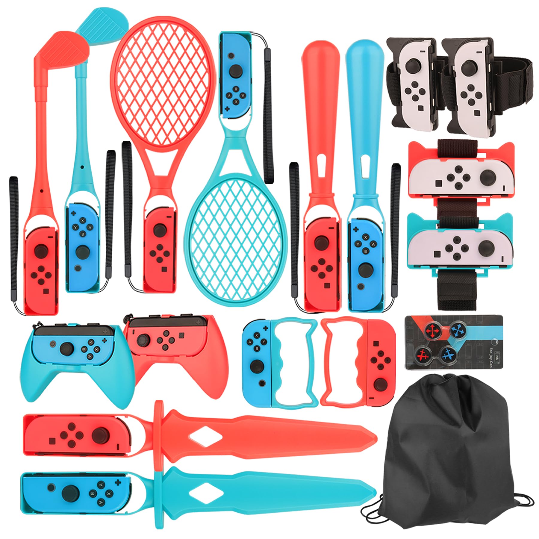 EOVOLA 18-in-1 Nintendo Switch & OLED Sports Accessories Kit - Includes Tennis Rackets, Comfort Grips, Golf Clubs, Swords, Wrist Bands & Leg Strap with Storage Bag - Perfect for Fitness Gaming, Family Fun & Multiplayer Sports Games