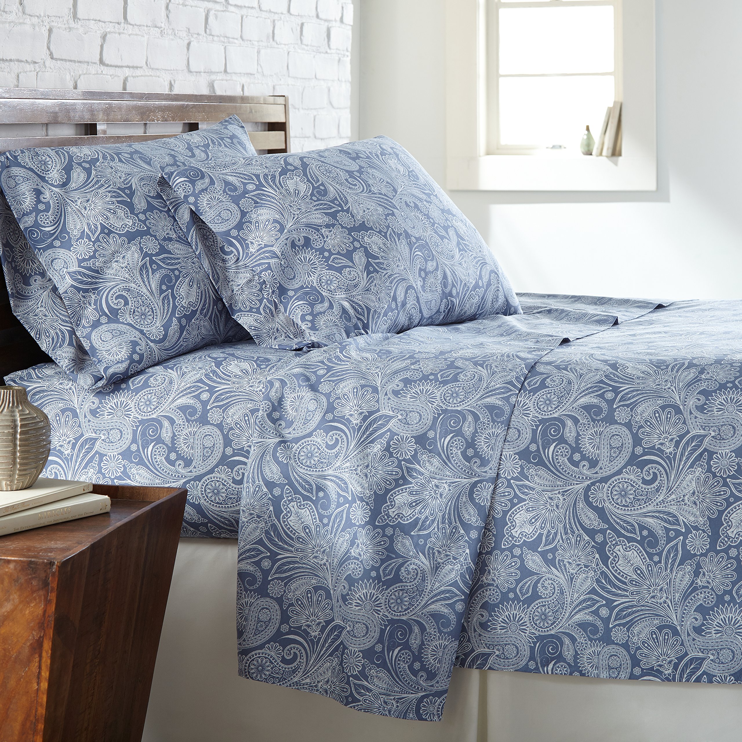 SouthShore FINE LIVING 4-Piece Deep Pocket Sheet Set - 14-Inch Easy Care Shrinkage Free Bedding with 1 Flat Sheet, 1 Fitted Sheet & 2 Pillowcases - Perfect Paisley Collection Blue Full Size - Ideal for Guest Rooms, Dorms & Cozy Bedrooms