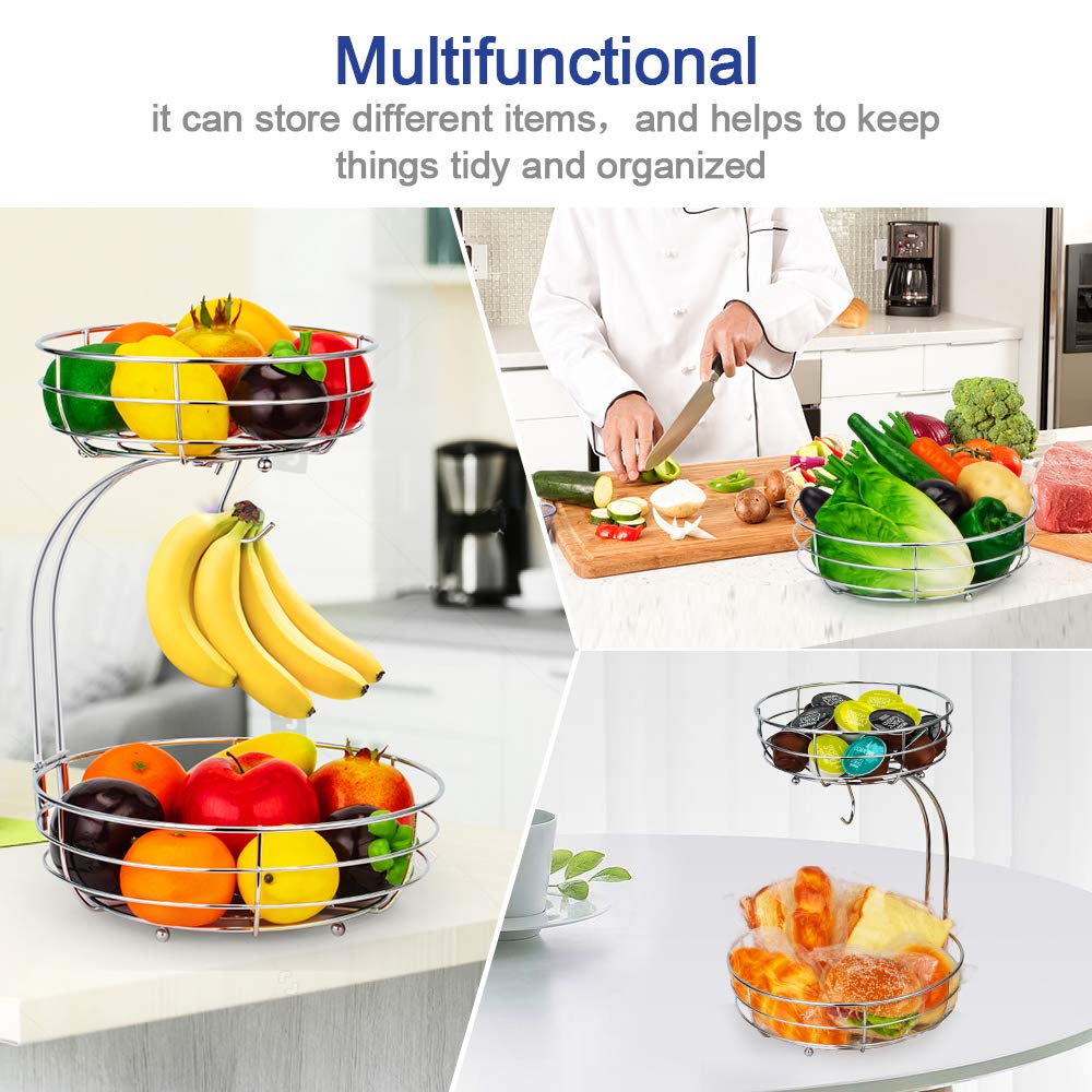 Auledio 2-Tier Countertop Fruit and Vegetable Storage Basket with Banana Hanger - Chrome Metal Kitchen Organizer for Fresh Produce Display in Pantry or Dining Room