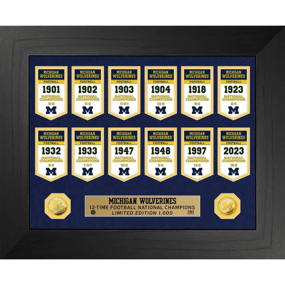 Michigan Wolverines NCAA Football National Championship Banner & Gold Coin Framed Collage - Perfect for Sports Fans, Man Cave Decor, and Game Room Wall Art