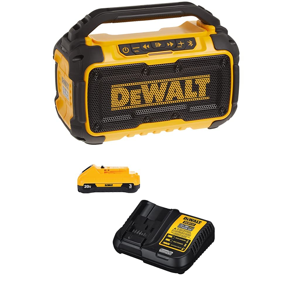DEWALT 20V MAX Bluetooth Speaker with Battery Pack and Charger - Portable Jobsite Speaker for Construction, Outdoor Work & Camping
