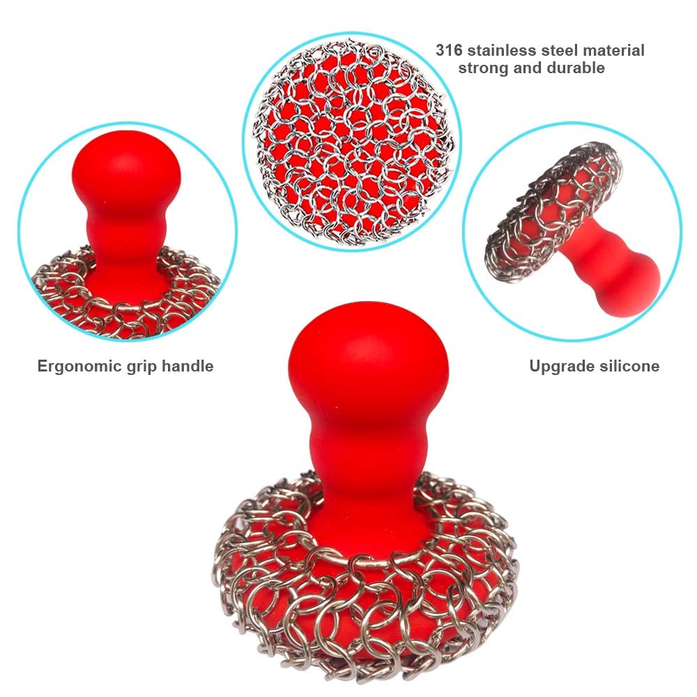 **316 Stainless Steel Chainmail Scrubber with Silicone Handle – Cast Iron Cleaner for Grill Pans, Skillets, Woks & Bakeware – Ergonomic, Dishwasher Safe – Scrubber, Scraper & Towel Set (Red) – Perfect for Outdoor Grilling, Camping & Kitchen Cleaning**