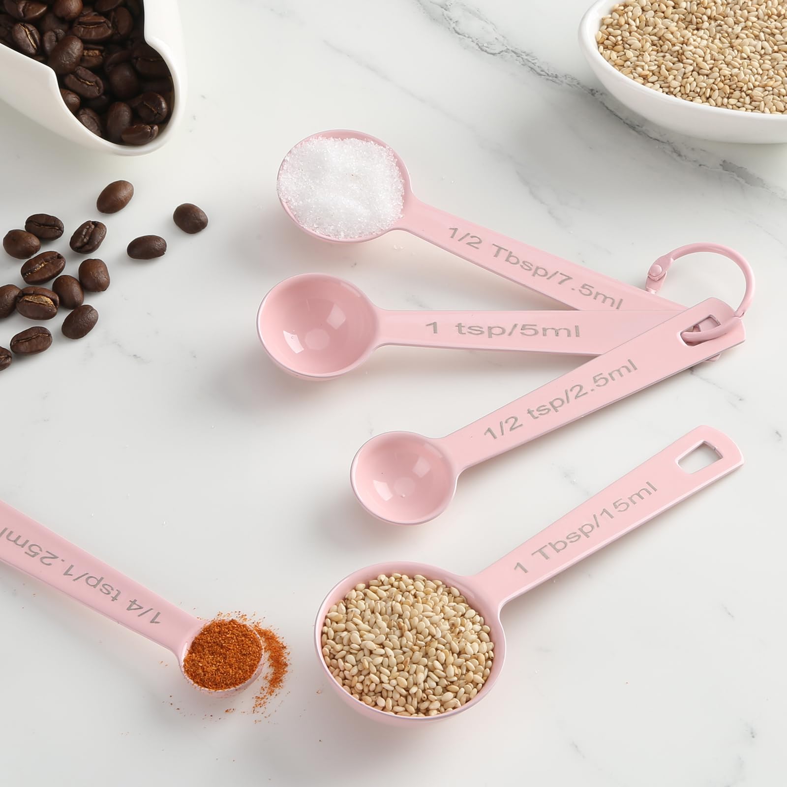 Premium 5-Piece Stainless Steel Measuring Spoons Set - Accurate Metal Measuring Cups & Spoons for Baking, Cooking, Liquid & Dry Ingredients - Durable Kitchen Tools for Home Chefs (Elegant Pink) | Perfect for Baking Cookies, Measuring Coffee & Spices, Meal Prep & DIY Projects