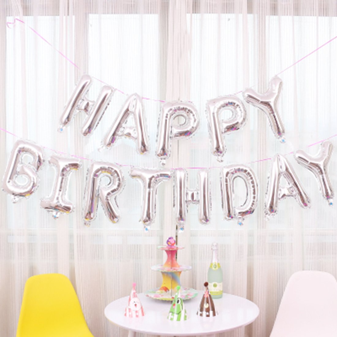 16 Inch Silver Foil Happy Birthday Balloon Banner - Hanging Letter Balloons for Birthday Party Decorations | Perfect for Indoor/Outdoor Celebrations, Baby Showers & Anniversary Decor