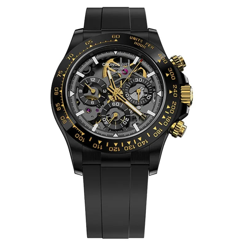 CRONUSART Men's Automatic Chronograph Watch 42mm - Luminous Triple Window Hollow Dial, Fluororubber Strap - Mechanical Wristwatch for Business, Casual & Outdoor Activities