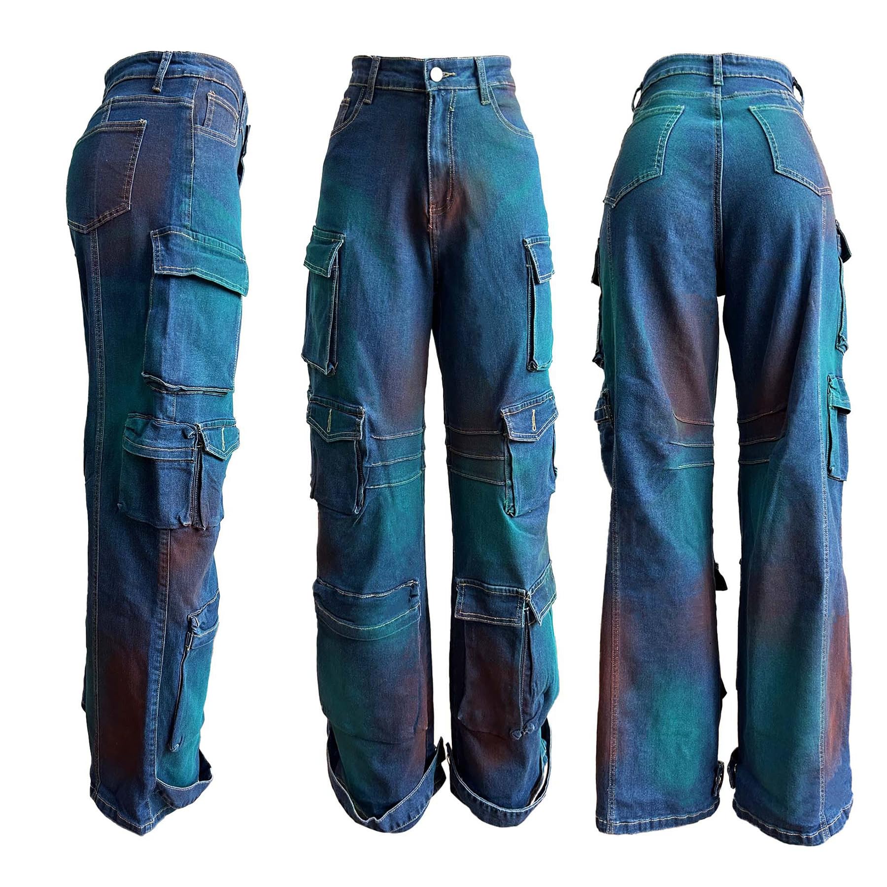 Voghtic Women's High Waisted Cargo Jeans - Y2K Stretchy Wide Leg Pants with Multiple Pockets | Straight & Baggy Fit for Casual Wear, Street Style & Outdoor Activities