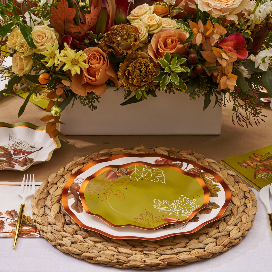 Acorn and Oak Wooden Table Setting Set - Rustic Farmhouse Dinnerware for Family Gatherings & Holiday Dining