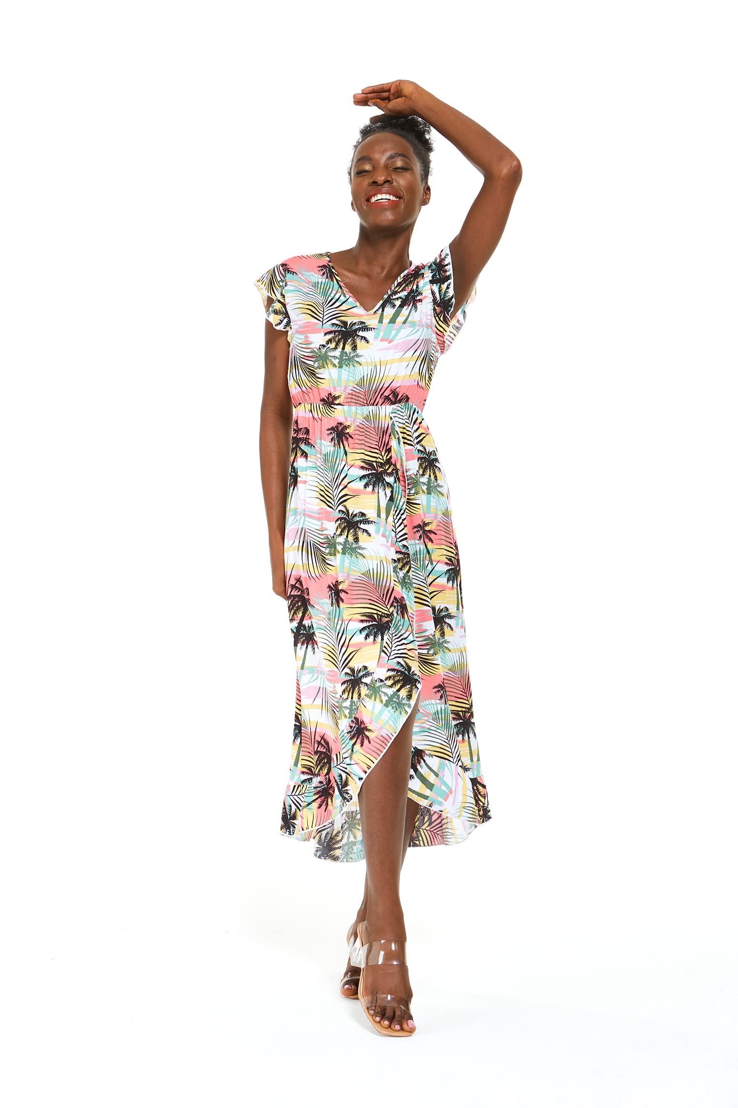 Hawaiian Luau Wrap Ruffle Dress for Women - Floral Hibiscus Vine Print - Perfect for Beach Parties, Summer Vacations & Tropical Getaways