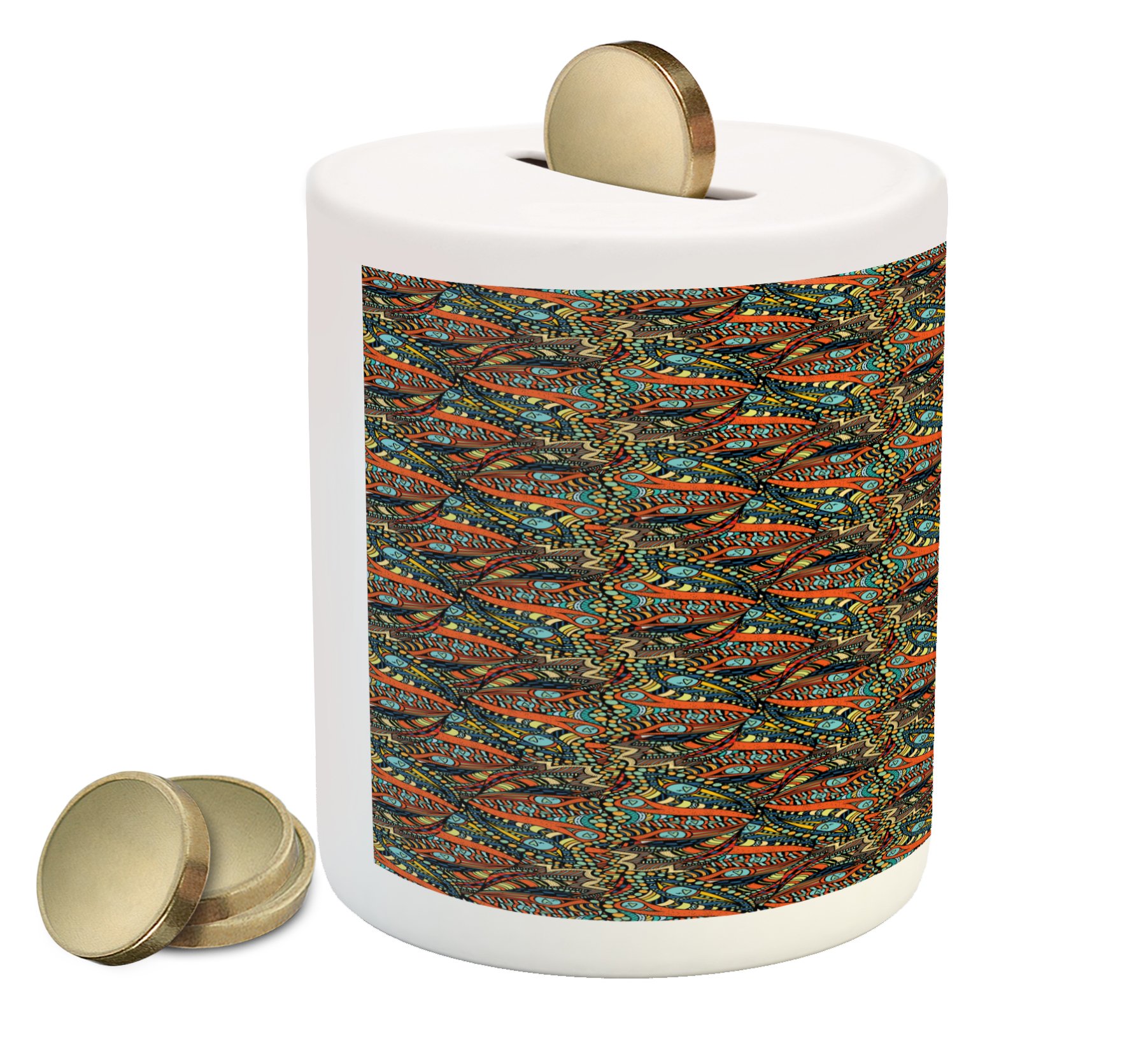Ambesonne Abstract Hand Drawn Ceramic Piggy Bank with Floral Wave Pattern & Hearts - Money Saving Coin Bank for Kids & Adults | Perfect for Birthday Gifts, Home Decor & Cash Savings