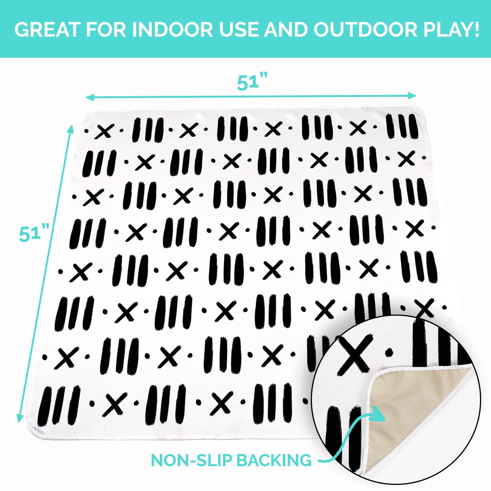 JumpOff Jo - Large 51x51 Inch Waterproof & Washable Baby Splat Mat for High Chairs, Booster Seats & Tables - Protects Floors & Carpets from Food Spills, Messy Crafts - Black & White Design - Perfect for Mealtime, Arts & Crafts, Playtime
