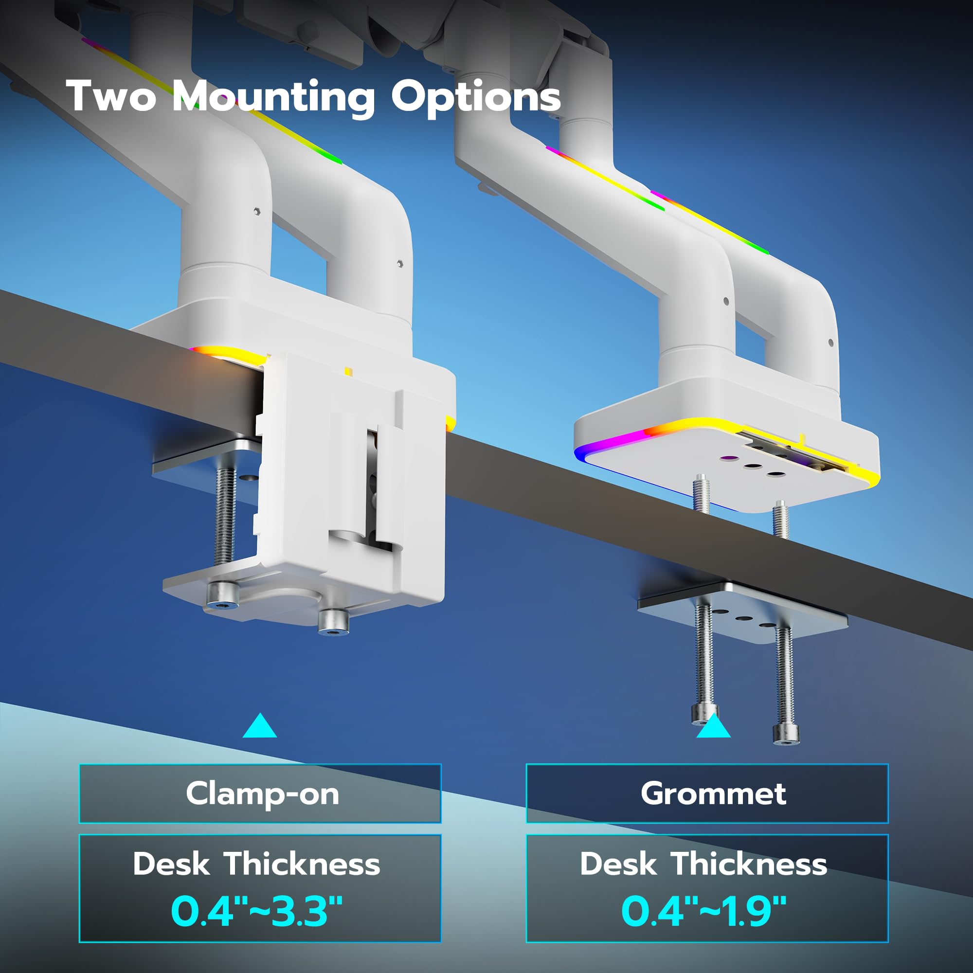 ARES WING Dual Monitor Stand for 17-35 Inch Screens - Heavy Duty Adjustable Gas Spring Monitor Arm with RGB Lighting, 44 lbs Capacity, 75/100 VESA Mount (Clamp/Grommet Base, White) - Perfect for Home Office, Gaming Setup & Workspace Ergonomics