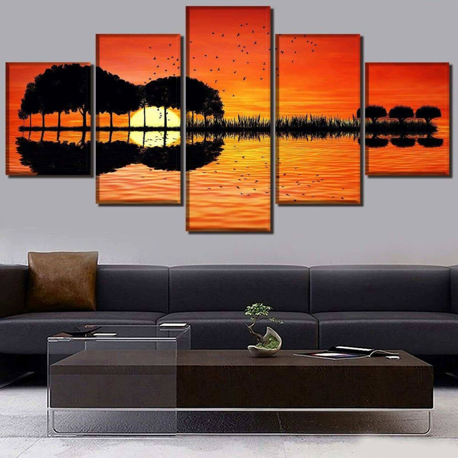 5-Piece Canvas Wall Art Set - Guitar Island Tree Lake Sunset Modern Painting for Living Room Decor | Stretched & Framed 150x80cm Mural | Perfect Gift for Home, Office & Bedroom