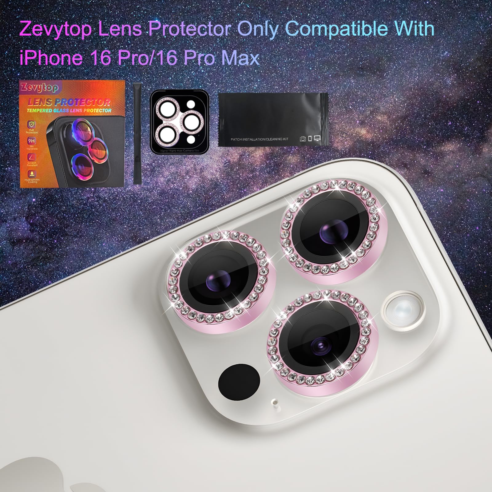 Tempered Glass Camera Lens Protector for iPhone 16 Pro & iPhone 16 Pro Max - Diamond Pink | Scratch-Resistant Screen Protector with Easy Installation Tray | Perfect for Outdoor Photography, Travel & Daily Protection