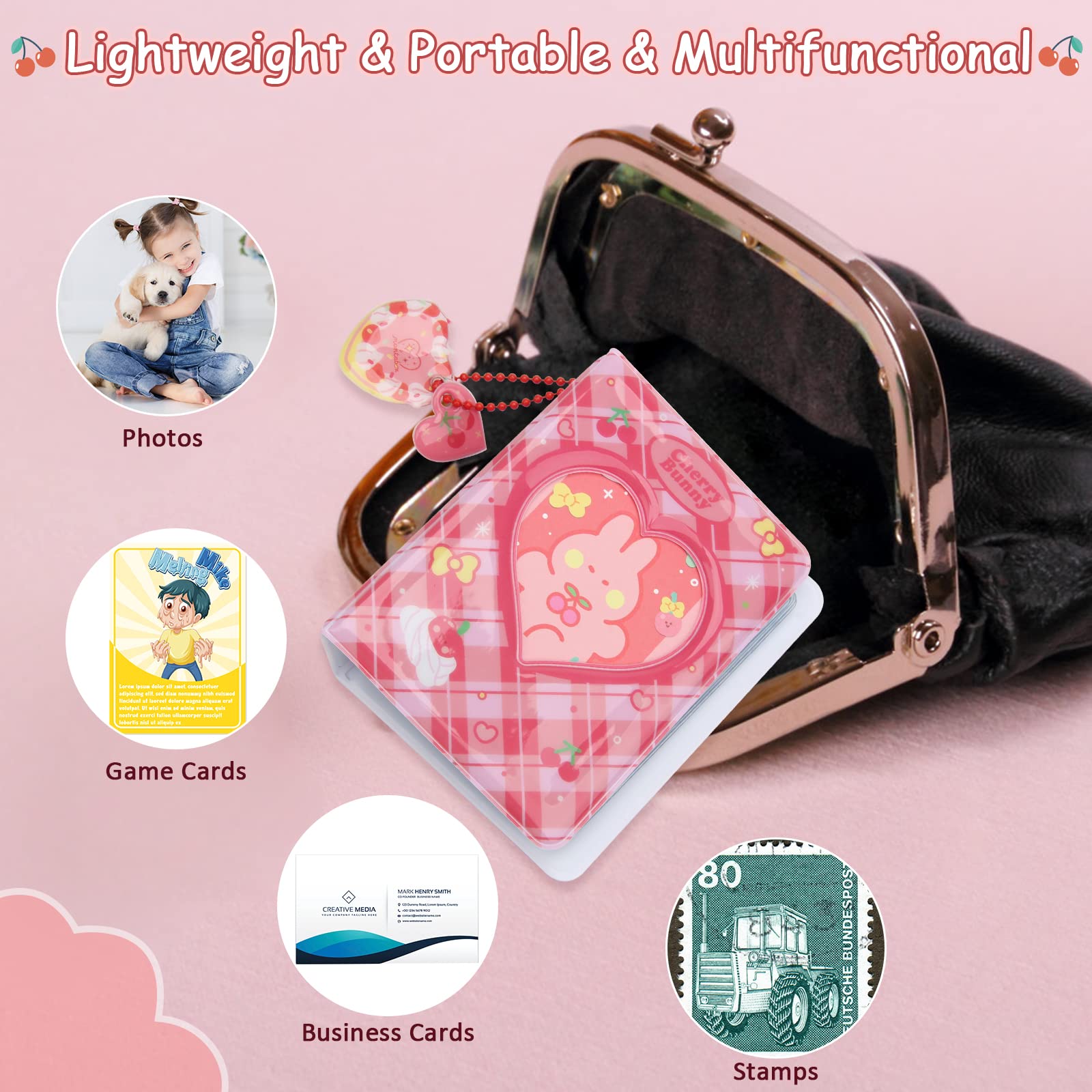 3 Inch Mini Photo Album - 40 Pocket Kpop Photocard Holder with Heart Cherry Pendant & Rabbit Card | Cute Hollow Out Binder for Collecting Pictures (Red) | Perfect for Kpop Fans, Memory Keeping, and Gift Giving