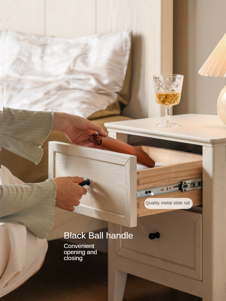 Solid Oak Wood Nightstand - Cream Finish, American Style Bedside Table for Bedroom Decor & Storage