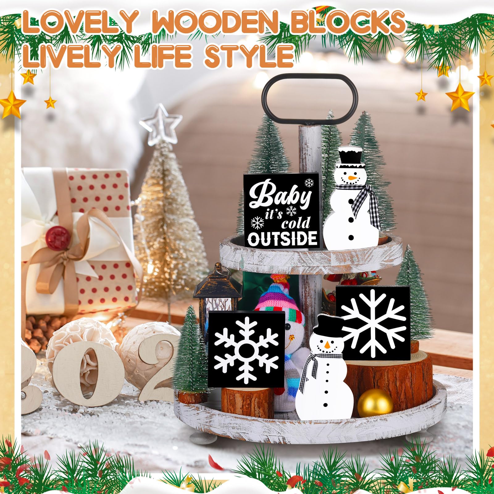 Soaoo 5-Piece Winter Farmhouse Decor Set - Snowman Tiered Tray Decor with Wooden Signs for Holiday Shelf, Kitchen, Coffee Bar & Home Table Decoration - Perfect for Christmas Gifts & Winter Home Styling (Snowflake Design)