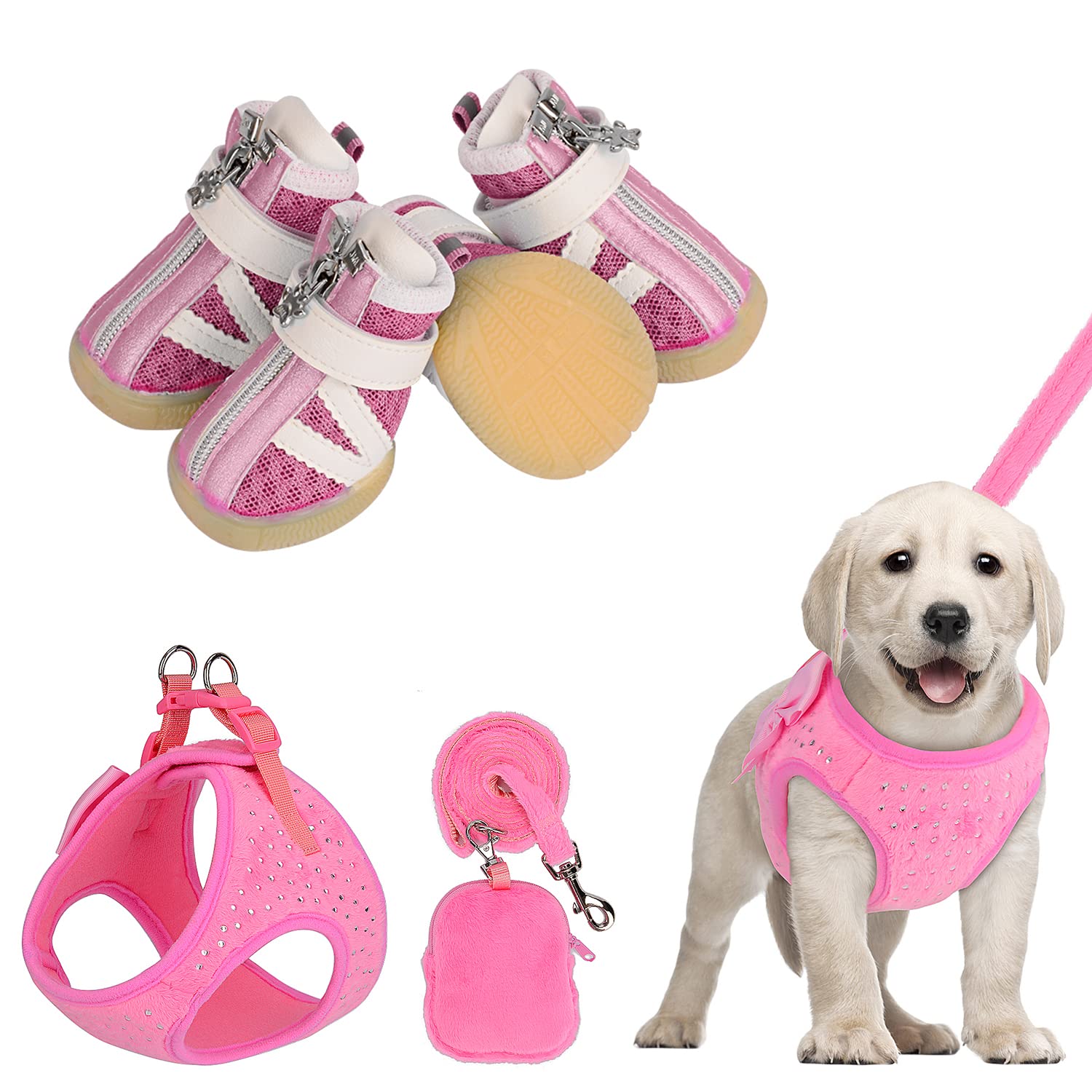 PETLOFT Pink Dog Shoes, Harness and Leash Set - 4 Waterproof Dog Boots & Adjustable Dog Vest with Pouch - Perfect for Small Dogs Walking, Hiking & Winter Protection