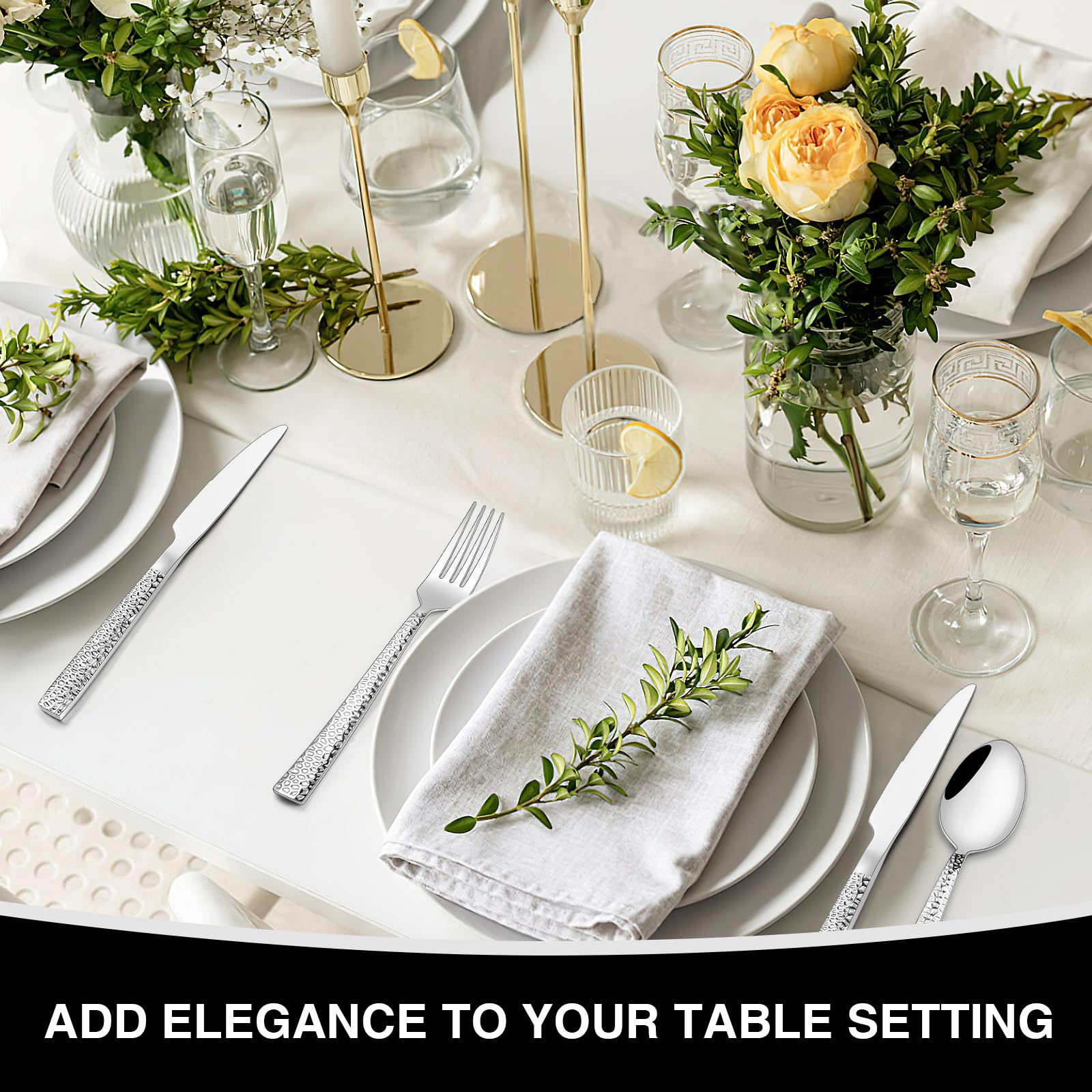 Premium 40-Piece Hammered Stainless Steel Flatware Set for 8 - Square Mirror Finish Cutlery Set, Food-Grade Dishwasher Safe Silverware for Home & Restaurant Use - Perfect for Dinner Parties, Weddings, and Everyday Dining