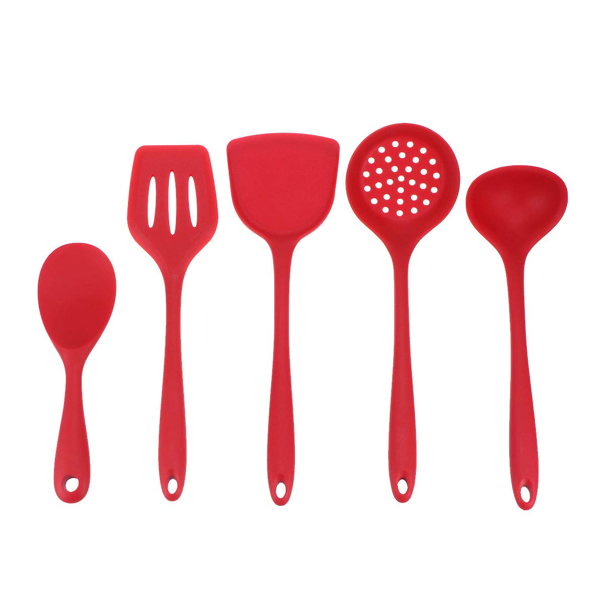 DOITOOL 5-Piece Silicone Skimmer Strainer Spoon Set - Heat-Resistant, Non-Stick, Flexible Kitchen Utensils for Cooking, Frying & Baking - Perfect for Pasta, Soup & Deep Frying (Red)