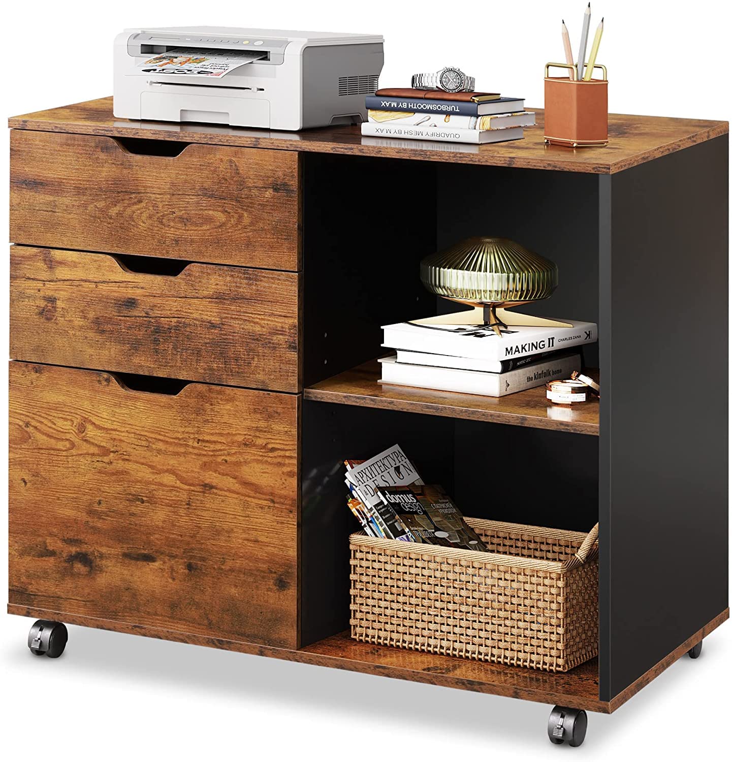 DEVAISE 3-Drawer Wood File Cabinet - Mobile Lateral Filing Cabinet & Printer Stand with Open Storage Shelves for Home Office - Rustic Brown - Perfect for Organizing Documents, Office Supplies & Home Workspace