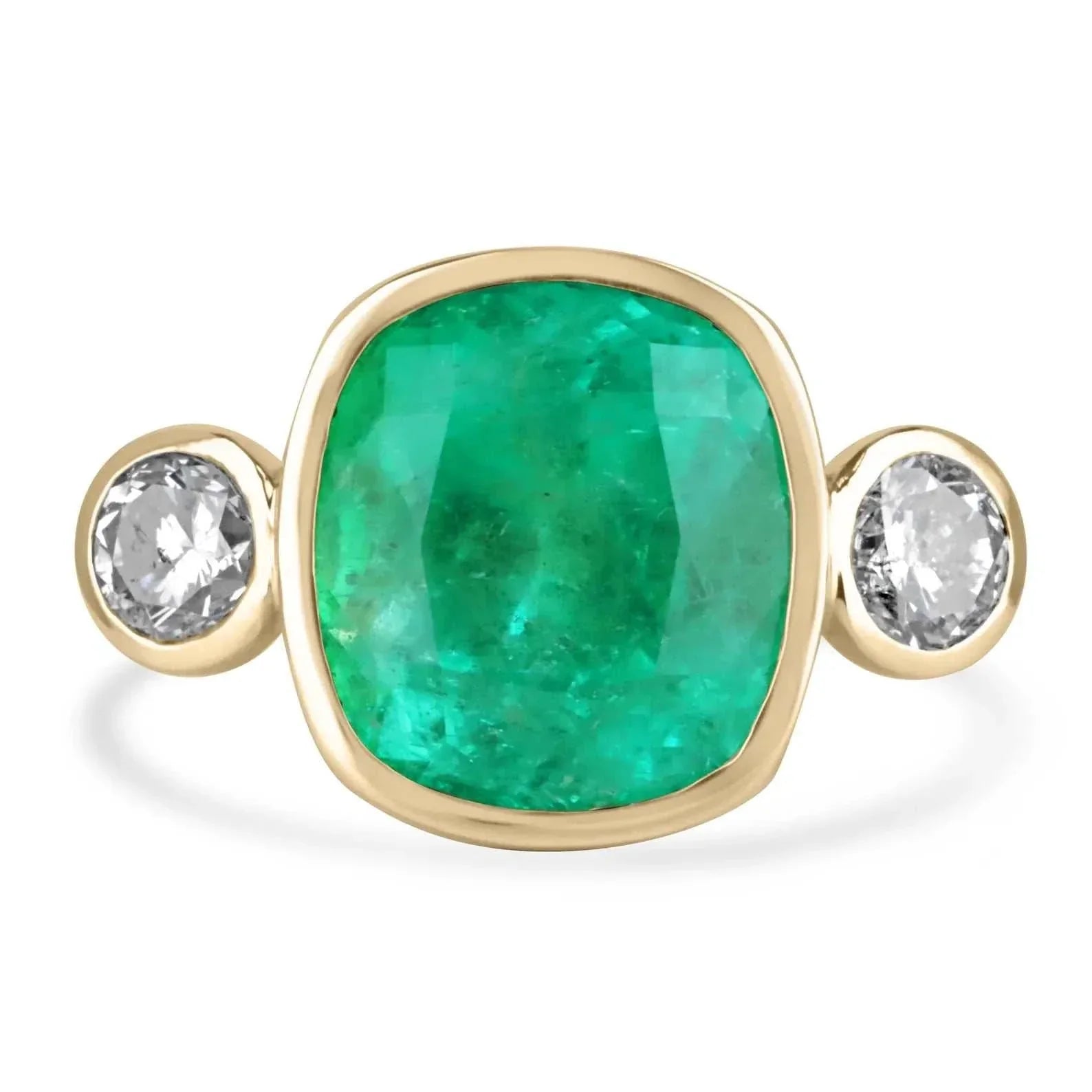 14.20tcw Colombian Emerald Cushion Cut & Diamond Bezel Three Stone Statement Ring in 18K Gold - Elegant Jewelry for Weddings, Anniversaries & Special Occasions