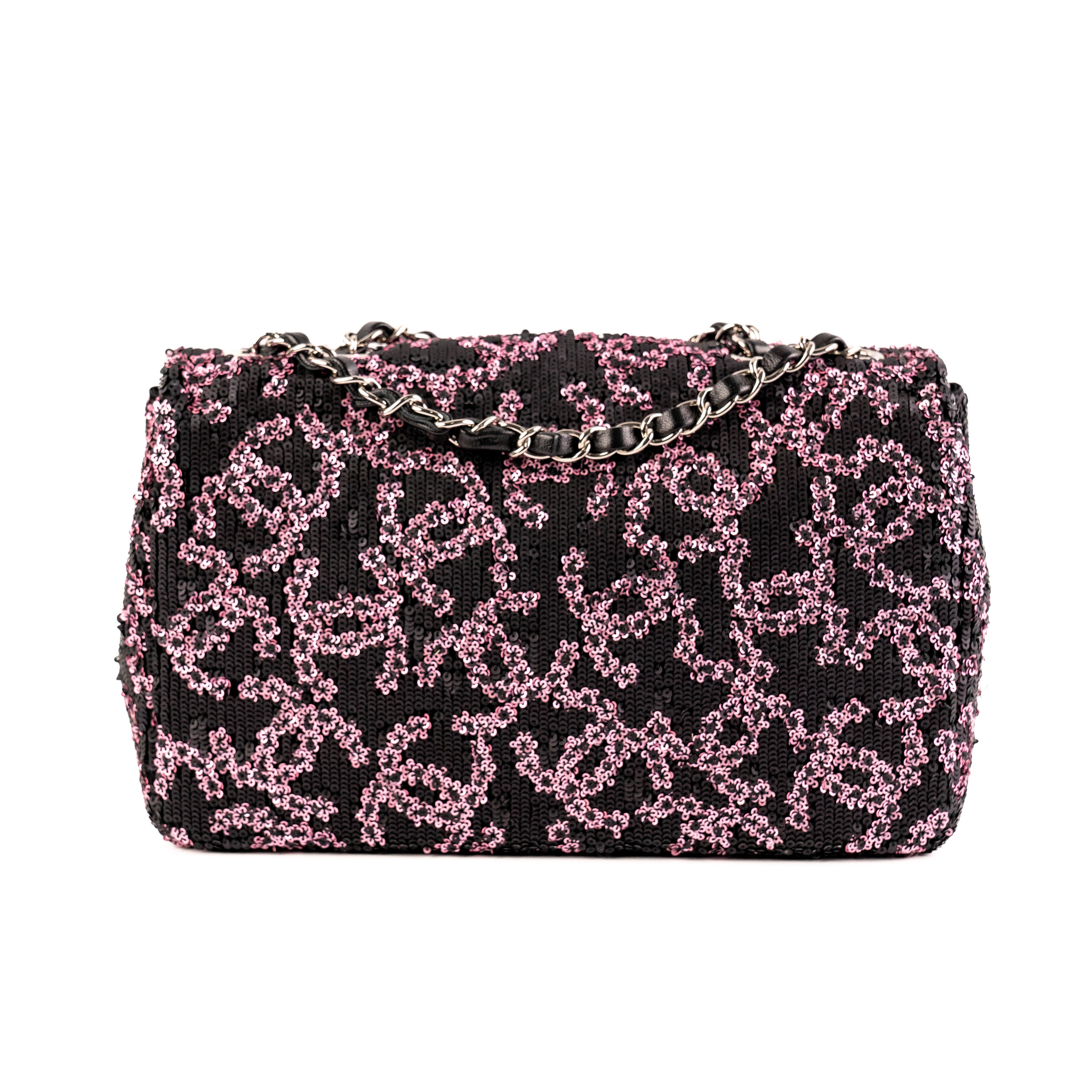 Chanel Medium/Large Classic Flap Bag with Sequin in Pink & Black | Luxury Designer Handbag for Women | Perfect for Evening Parties & Special Occasions