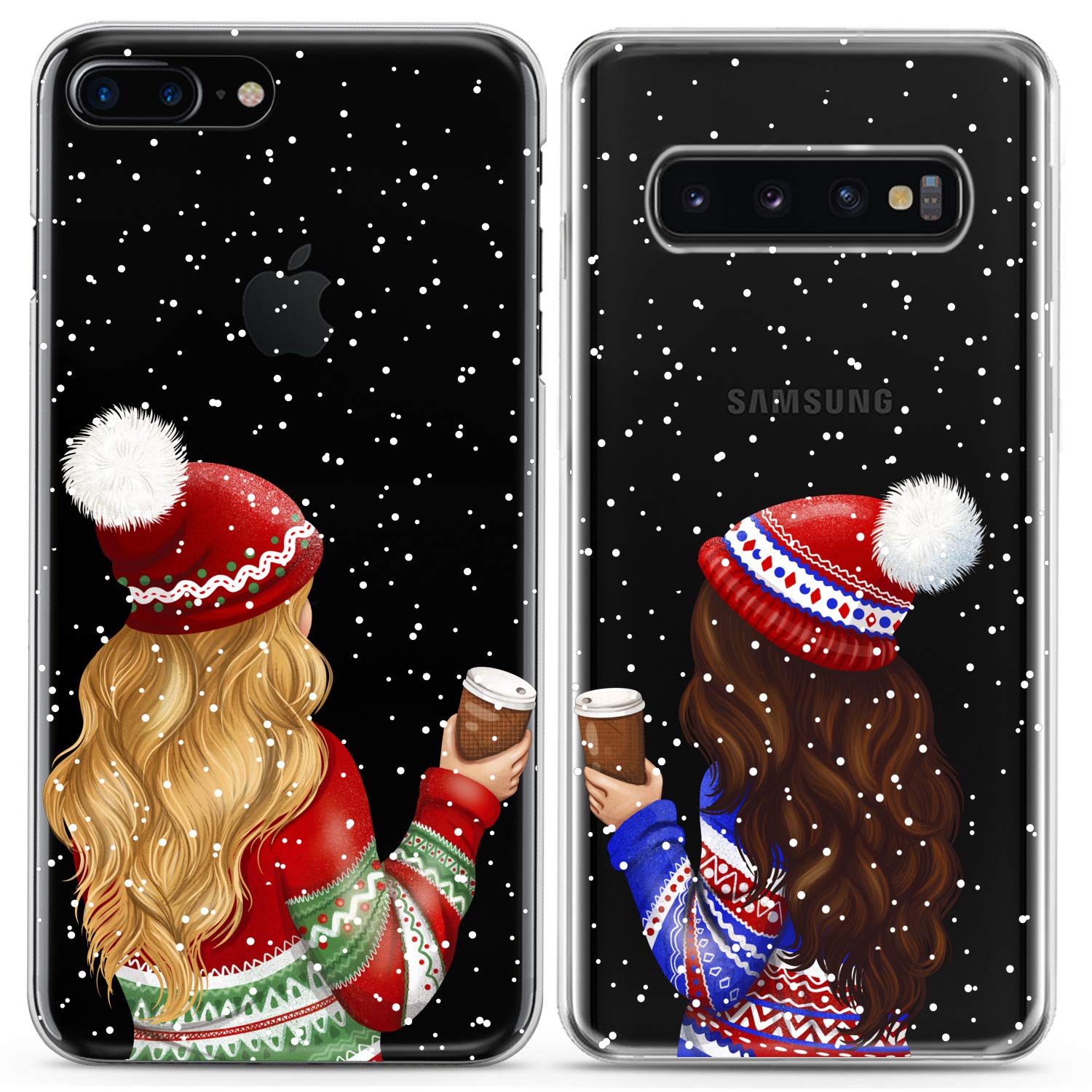Matching Couple Phone Cases Compatible with iPhone 16/15/14/13/12/11 Pro Max/Mini/XS/X/6s/8 Plus/7/Xr/10/SE/5 - Clear Flexible Slim Cover with Coffee Girly Winter Snowy Christmas Cute Design - Perfect Gift for Couples, Anniversaries & Holidays