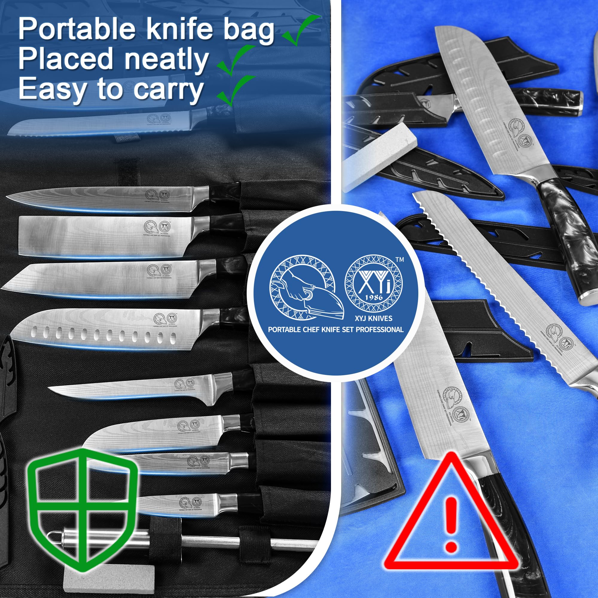 XYJ Authentic Japanese Chef Knives Set Since 1986 - 8-Piece Stainless Steel Kitchen Knives with Roll Bag & Sheaths - Professional Santoku, Paring, Slicing Knives for Cooking - Ergonomic Handle for Comfort - Perfect for Home Chefs & Culinary Enthusiasts