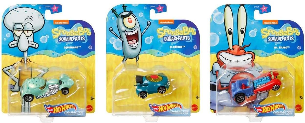 Hot Wheels Spongebob Squarepants 6-Pack Die-Cast Car Set - Includes Yellow Bubble Van, Patrick Star, Squidward, Mr. Krabs, Plankton & Sandy Cheeks - Collectible Toy Cars for Kids & Fans - Perfect for Playtime, Display & Gifting