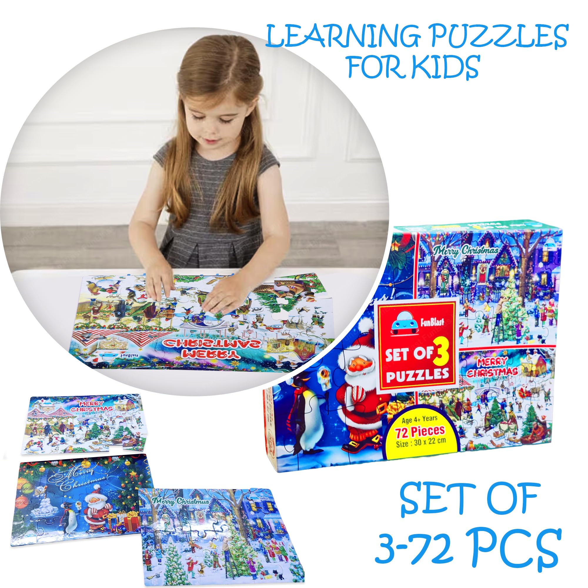 FunBlast Kids Jigsaw Puzzles Set of 3 - 72 Piece Educational Floor Puzzles for Boys & Girls Ages 3+ (30x22cm, Multicolor) | Christmas Gift, Learning Toys & Family Game Night Activities