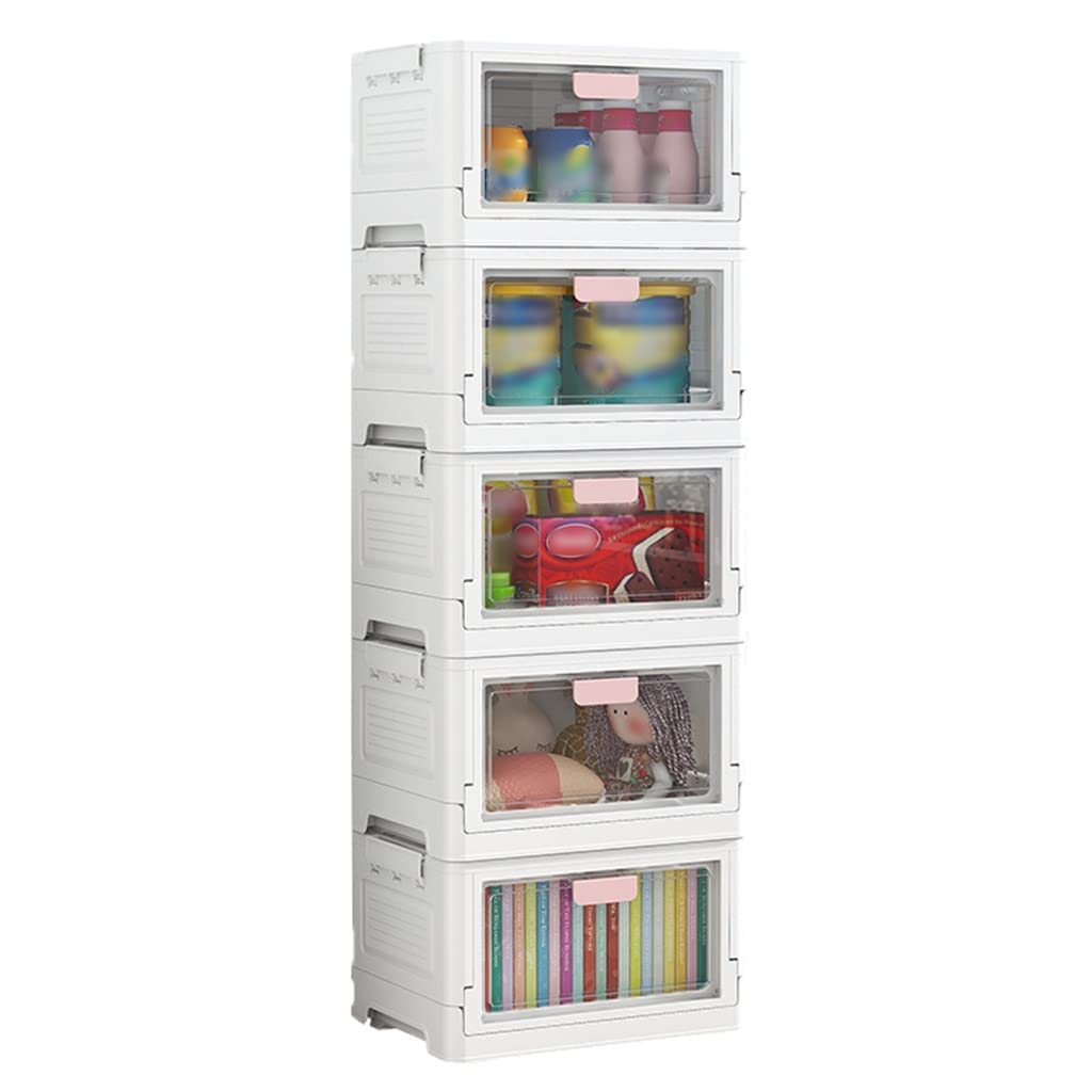 5-Tier Plastic Storage Cart with Wheels & Foldable Front Opening Bins - Stackable Organizer with Lids for Home, Office, Kitchen & Bathroom Organization - Perfect for Pantry, Closet, Toy & Craft Storage