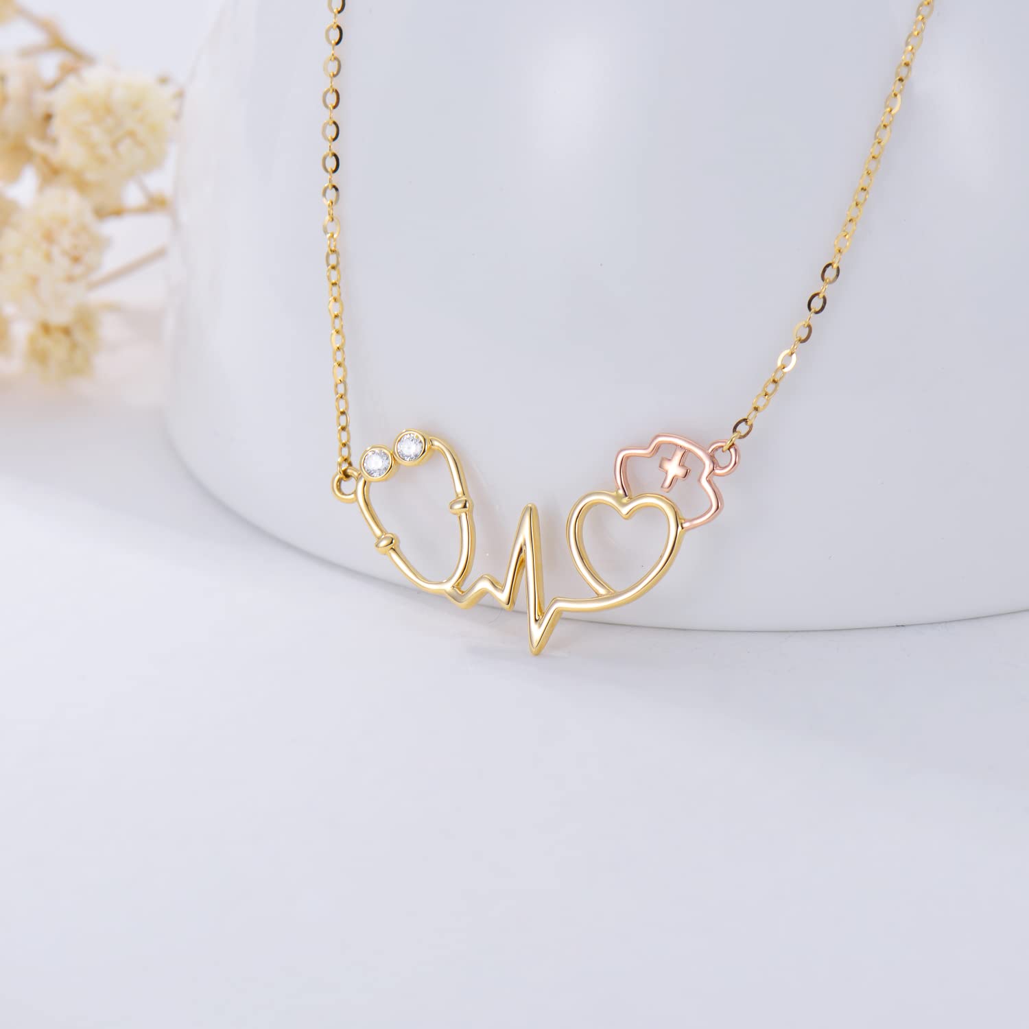 14K Real Gold Stethoscope Pendant Necklace for Women - Nurse Doctor Jewelry Gift for Medical Students & RN Nurses (16+1+1 inch) - Perfect for Graduation, Appreciation Gifts & Medical Professionals' Daily Wear