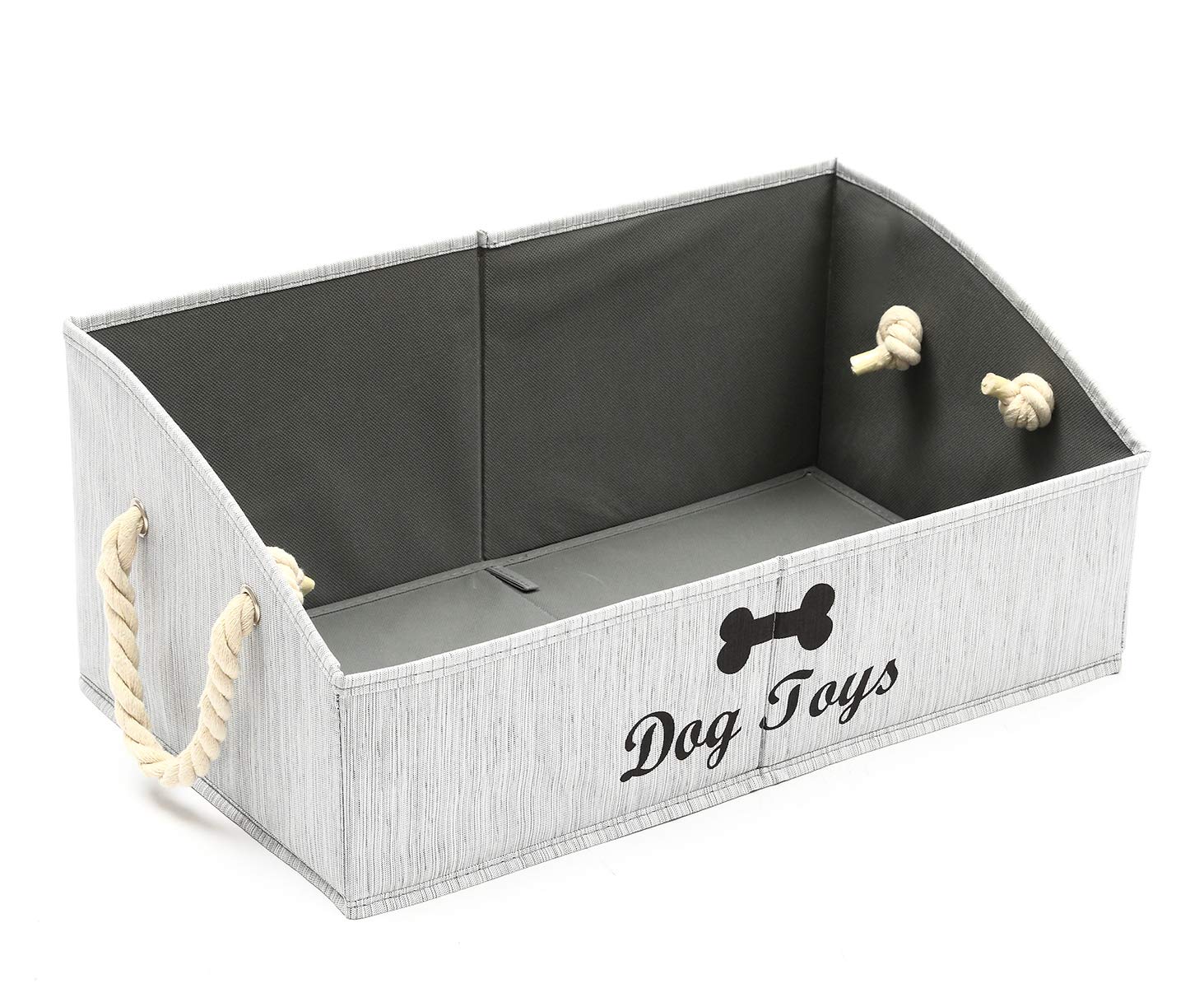 Geyecete Large Foldable Dog Toy Storage Bin - Collapsible Fabric Trapezoid Organizer Box with Woven Rope Handle for Shelves | Pet Clothes & Accessories Organizer | Perfect for Dog Toys, Leashes & Grooming Supplies (Gray-Dog Pattern)