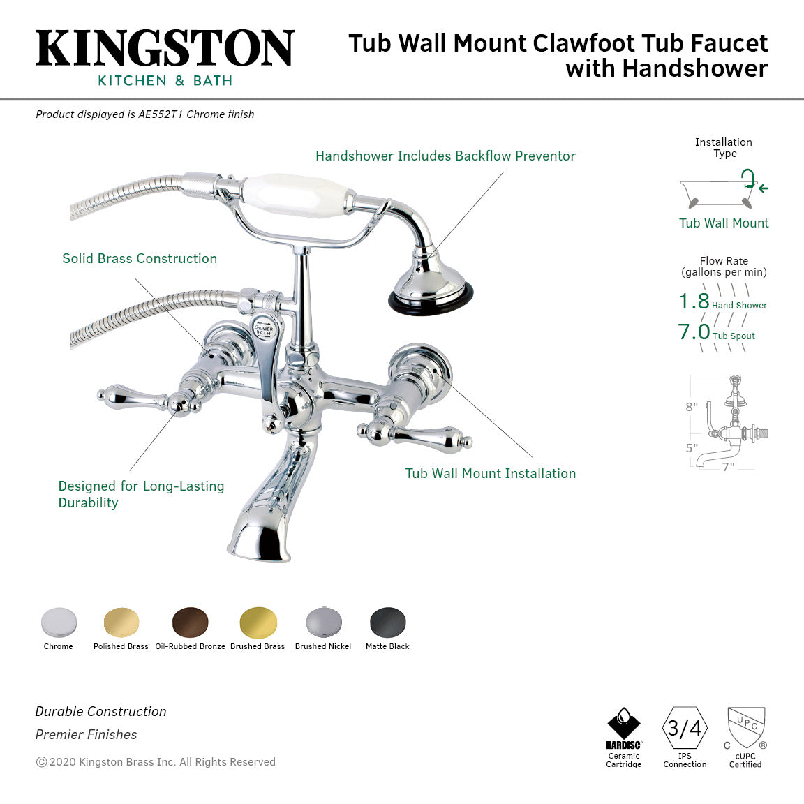 Vintage AE551T2 Polished Brass 3-Handle Wall Mount Clawfoot Tub Faucet with Hand Shower - Perfect for Bathroom Renovation & Luxury Spa Experience