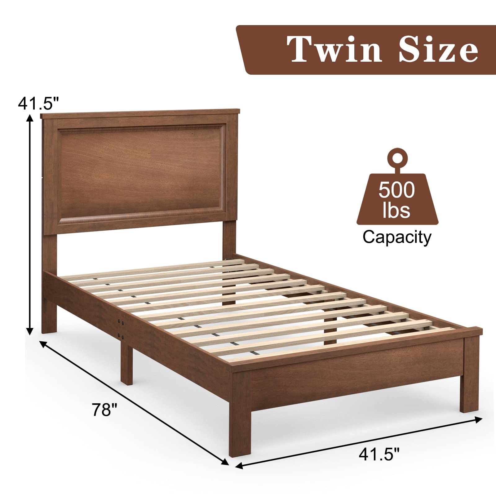 KOMFOTT Twin Size Wood Platform Bed Frame with Headboard - Mid Century Modern Walnut Bed with Slat Support & Under Bed Storage - No Box Spring Needed - Perfect for Small Bedrooms, Guest Rooms & Dorm Rooms