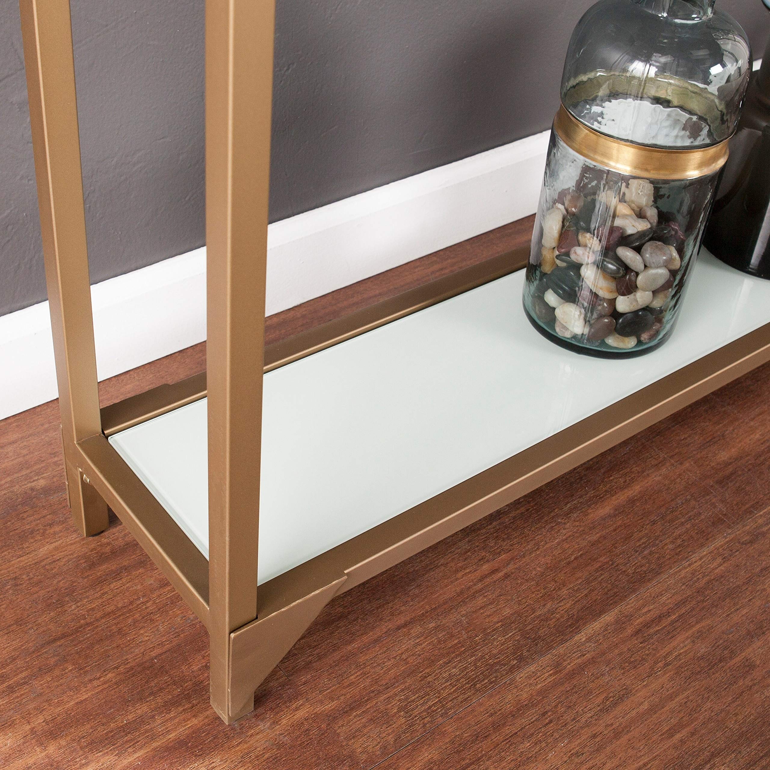 Elegant Gold Narrow Metal Console Table with White Glam Rectangle Glass & Iron MDF - Gold-Tone Finish, Includes Hardware Shelf Storage - Perfect for Entryway, Living Room & Hallway Decor