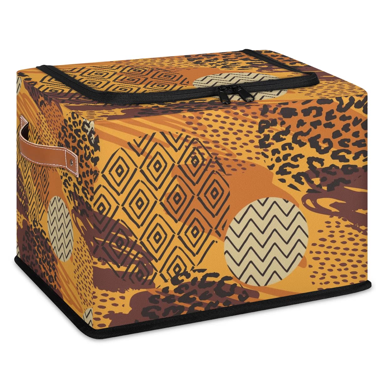 2 Pack Animal Print Fabric Storage Bins with Zipper Lid - African Art Style Stackable Cube Baskets, Steel Frame Clothes Organizer for Shelf & Closet Storage | Perfect for Bedroom, Nursery, and Office Organization